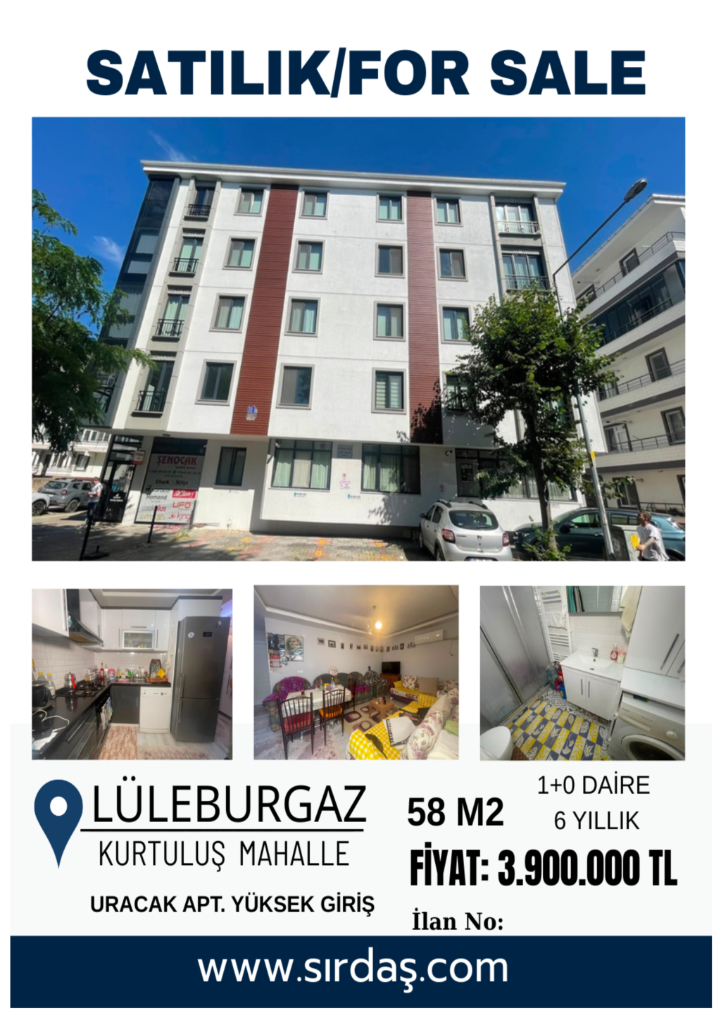 Lüleburgaz'da Satılık 58 m2 1+0 Daire 6 Yıllık